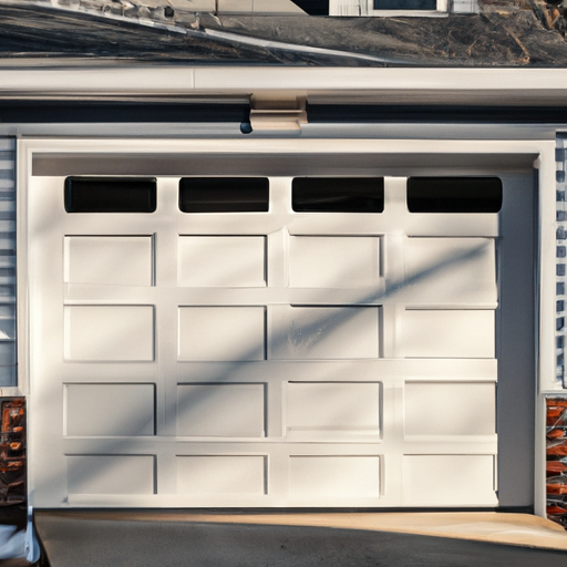 Suburban Boston home with a modern sectional garage door, winter light, and visible weather seal.