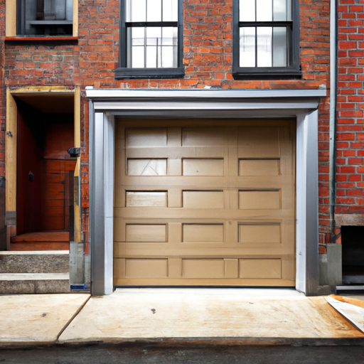 Residential Boston garage with a steel raised-panel door slightly open, brick townhouse facade and wet pavement.