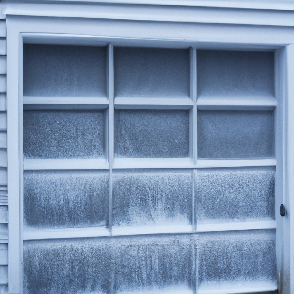Suburban garage door in Boston covered with snow and frost, showing weatherstripping and insulated panels