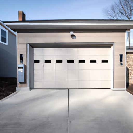 Suburban Boston garage with a closed modern sectional door, visible smart keypad, and clear driveway in early spring light.