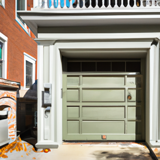 Residential garage door on a Boston neighborhood home showing panels, tracks, and hardware, mid-morning light.