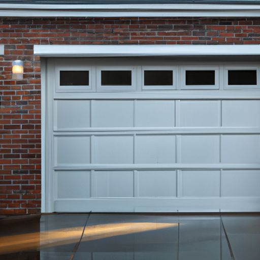 Suburban Boston garage exterior with modern sectional garage door open on a wet afternoon.