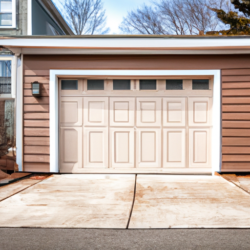 Suburban Boston garage door on a brick colonial house, early spring, salted driveway visible.