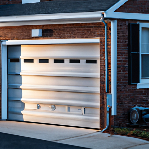 Suburban Boston residential garage door with weatherstripping and visible hardware on a brick facade, late afternoon light.