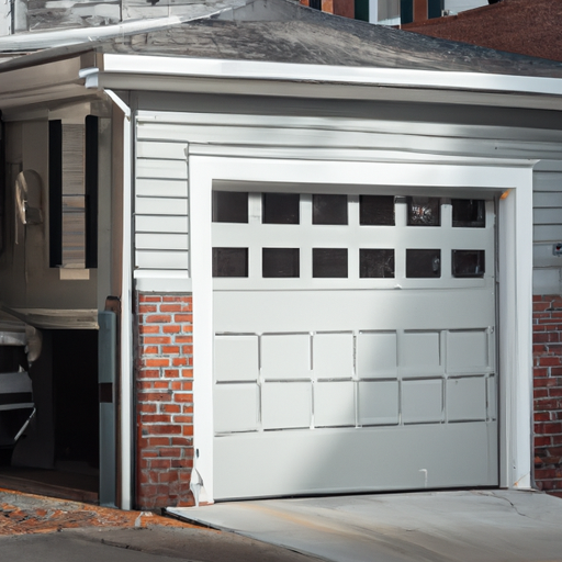 Residential garage door and opener rail visible in a Boston neighborhood, daylight, no people.