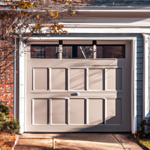 Insulated steel garage door on a Boston colonial home, full view with driveway and fall light, no people.