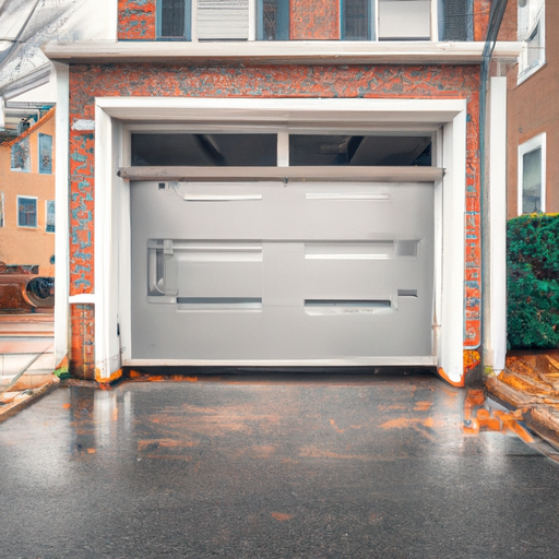 Sectional residential garage door in Boston with visible bottom seal and threshold on a wet overcast day.