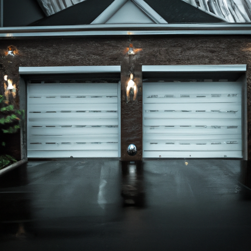 Suburban Boston garage at dusk with a modern sectional door closing quietly on a brick house; wet pavement and shrubs visible.