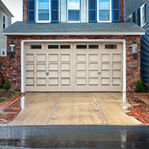 Suburban Boston garage door closed, visible panels and weather seal, late autumn setting, no people.