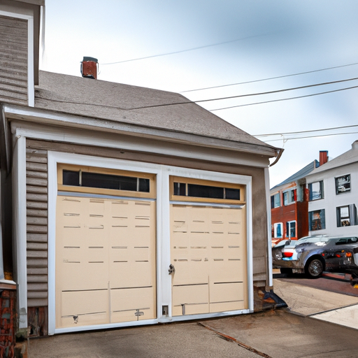 Exterior view of a closed modern garage door on a Boston residential street with neighboring homes visible, no people.
