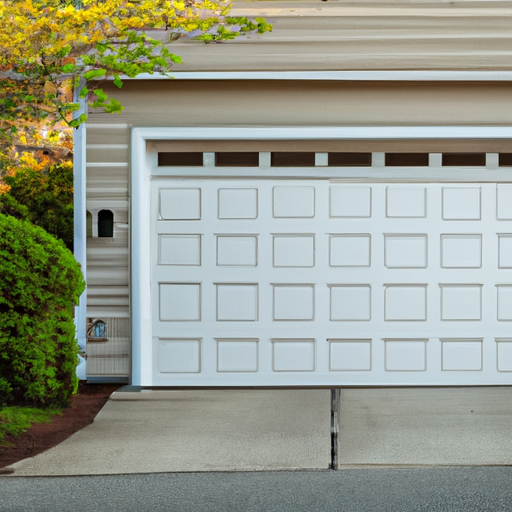 Sectional garage door on a Boston suburban home, showing panels, track, and weatherstripping in late afternoon light.