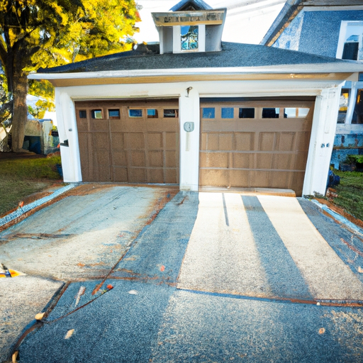 Suburban Boston garage with modern sectional door closed, showing panels and weatherseal in autumn light.