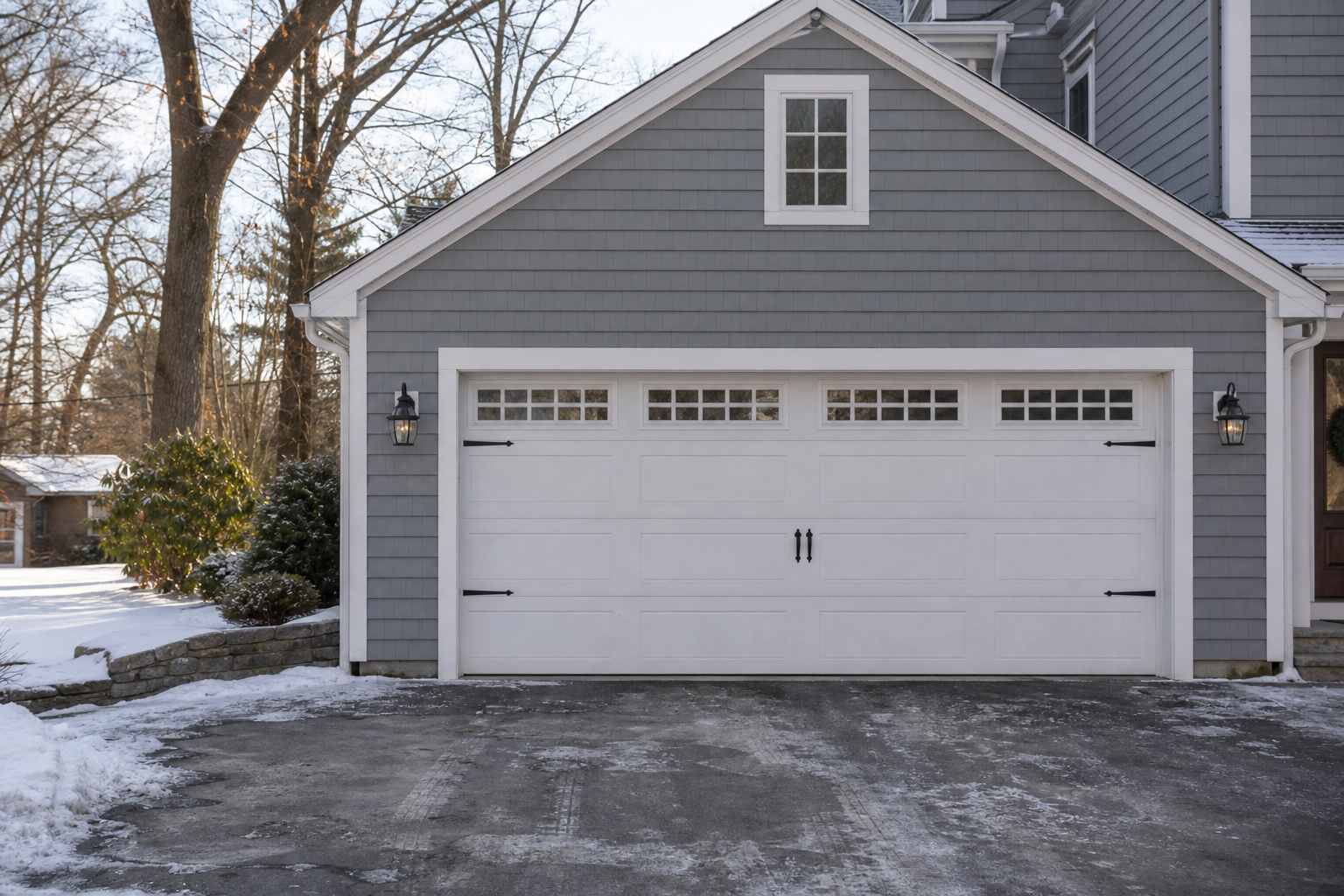 Boston home garage door with winter weather and driveway salt visible